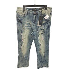 Black Premium Mens blue acid distressed Boot Cut Denim Jeans 34X30 SKU 8458